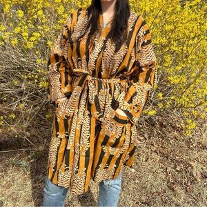 Bath Robe Belted Pockets Made In Indian Lightweight Striped Tigers Cotton Gold